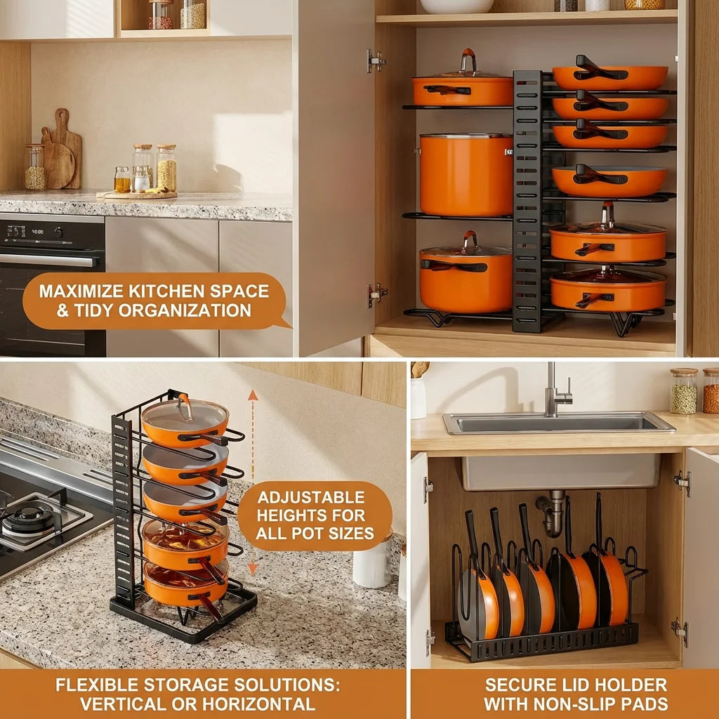Space-Saving 8-Tier Pot Rack Organizer - Durable Metal Holder for Pans, Pots, and Lids to Keep Your Kitchen Neat and Tidy