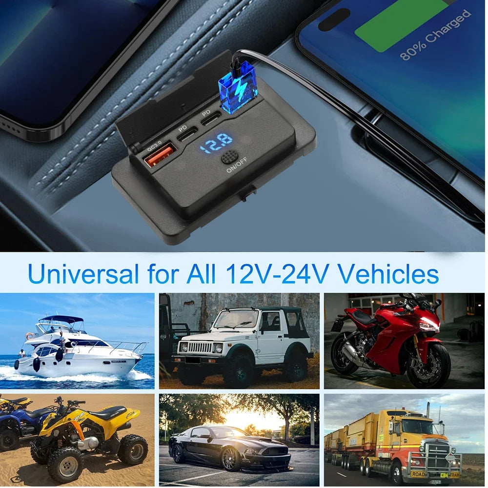 12/24V Car USB Adapter Socket Panel Wall Mount Dual PD3.0 & Dual QC3.0 Fast Charging Outlet Waterproof Car Charger Accessories