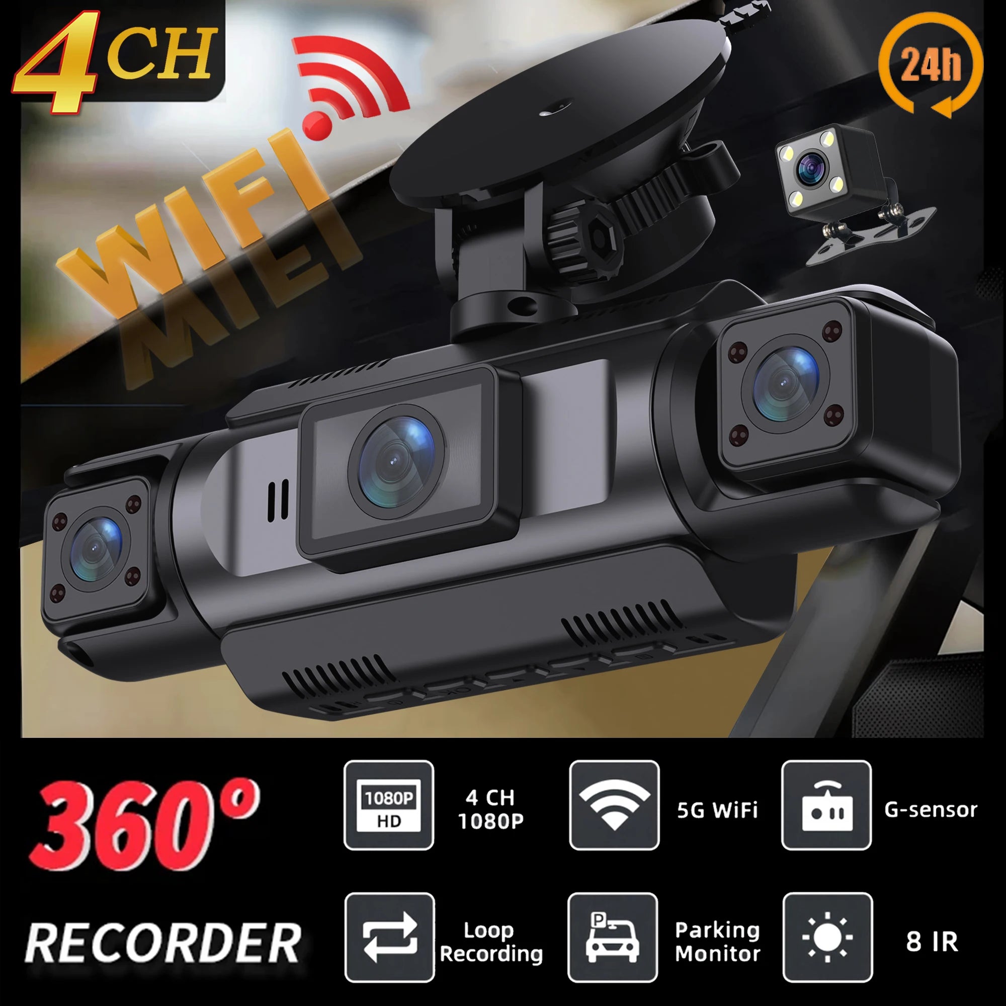 Car Dash Cam 4 Channel Black Box WiFi Driving Camera FHD 1080P Front Left Right Rear Night Vision Loop Recording add Hardwirekit