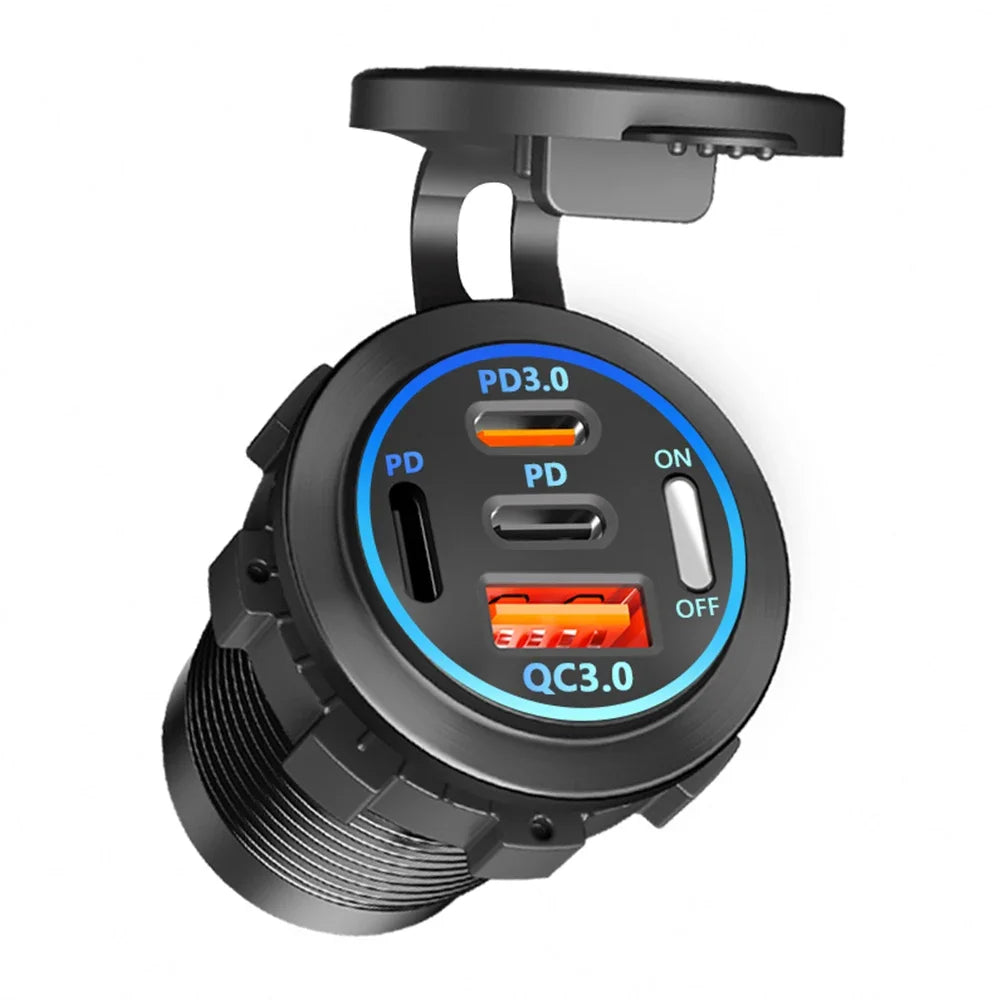 PD 3.0 QC 3.0 Car Charger Cigarette Lighter Socket Waterproof USB Fast Charge With Voltmeter Switch 12/24V Quick Charger Adapter