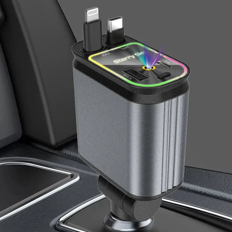 5-in-1 Car Charger PD30W+2.4A Voltage Display Super Fast Charging Retractable Cable With Roof Starlight for iPhone & Android