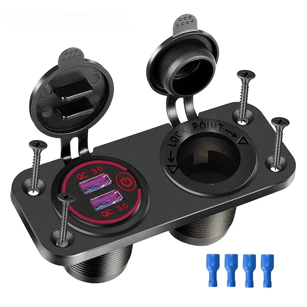 12V/24V Dual USB Socket Panel QC3.0 Car Charger Socket Adapter Outlet Cigarette Lighter Adapter for Car Boat RV Motorcycle