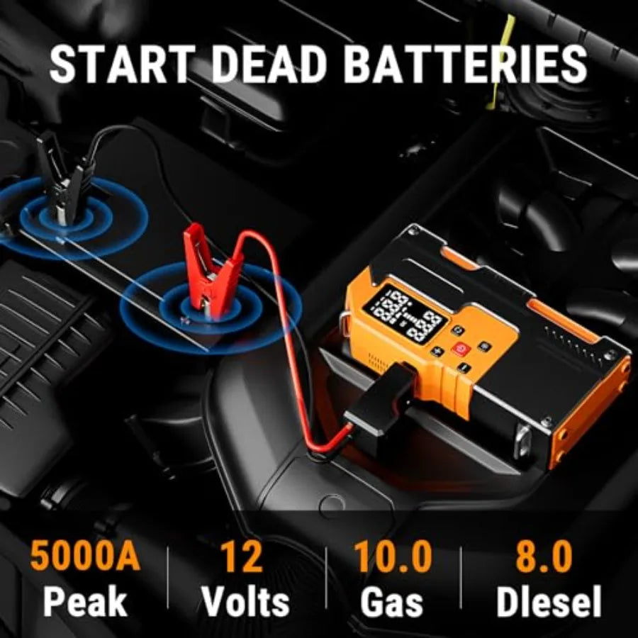 Car Battery Jump Starter with Air Compressor - 5000A 150PSI 120W Portable Car Jump Starters for All Gas Engines and 10L Diesel