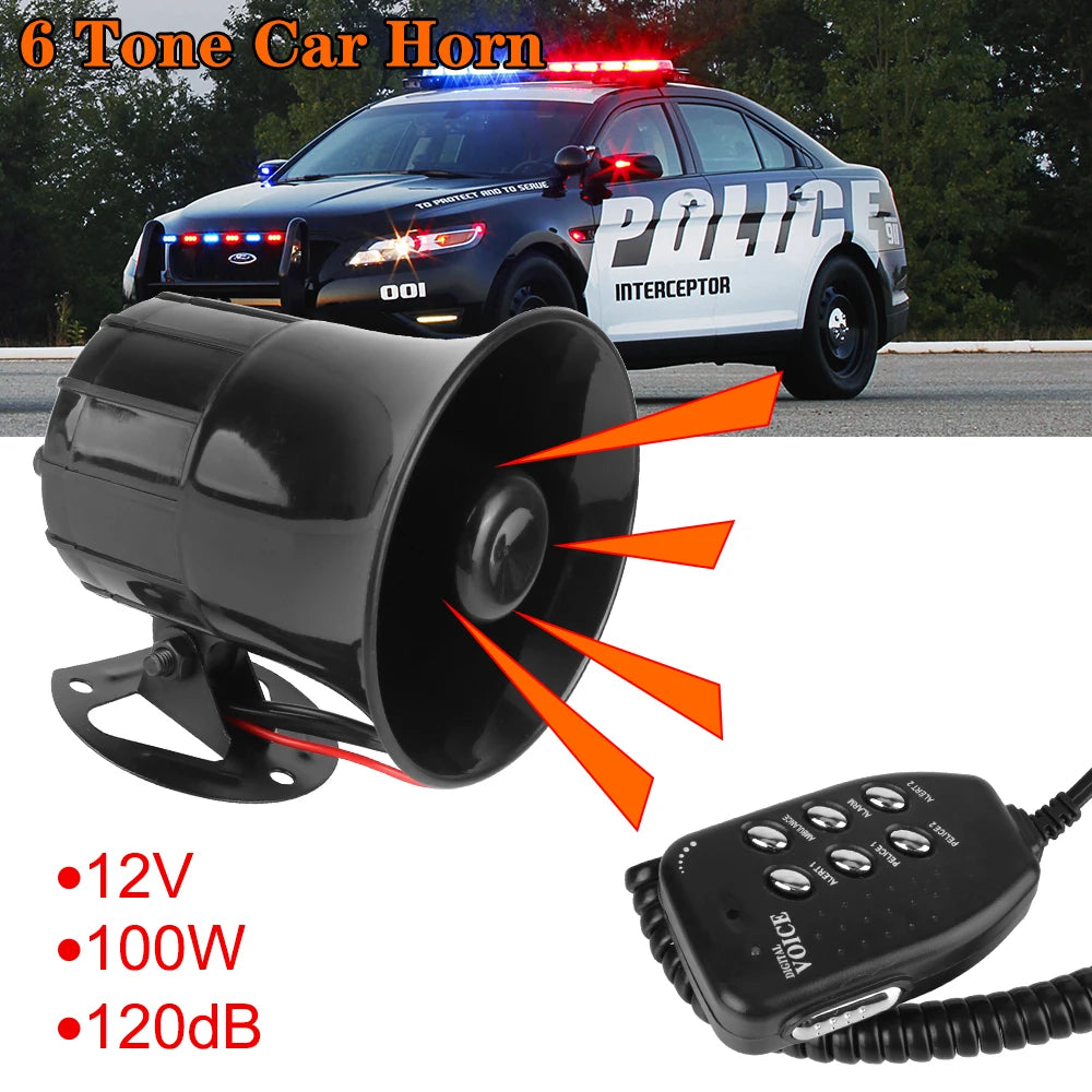 Air Horn 120DB Loud 12V 100W 6 Tone Car Horn Police Siren Loud Speaker Multi-tone Claxon Horn Car Warning Alarm Megaphone