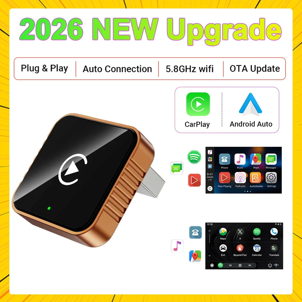 Wireless CarPlay Android 2026 New Smart Auto Adapter Hassle-Free Plug&Play Stable BT WiFi Connect OTA Upgradable Fit 99% Vehicle