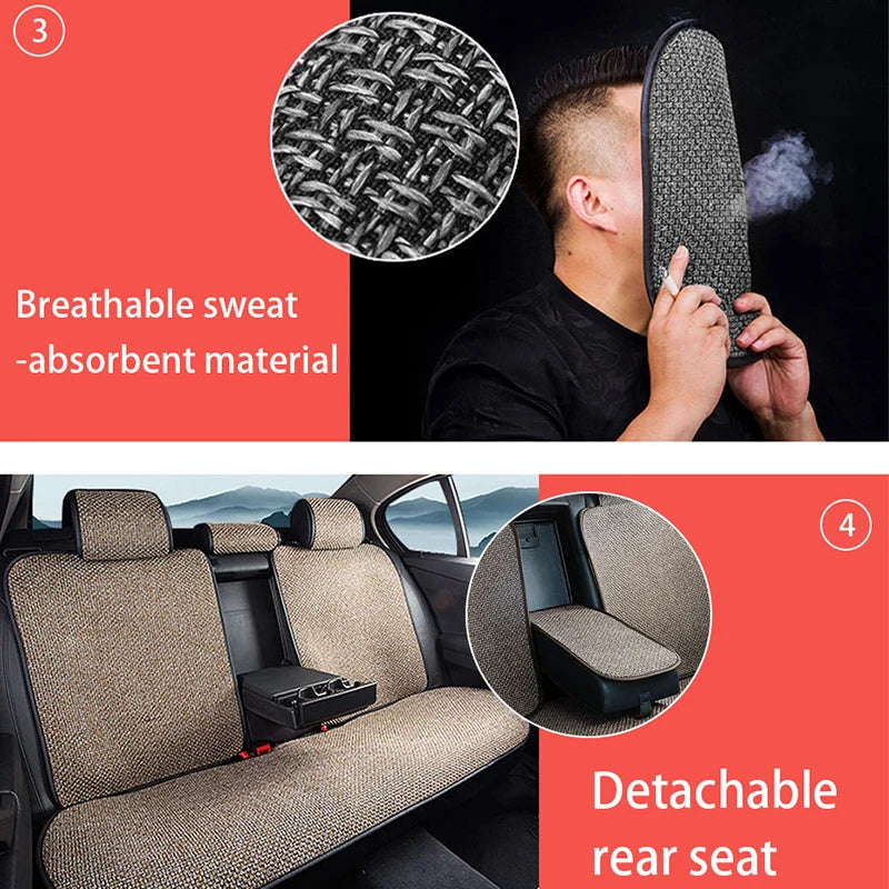 SEAMETAL Flax Car Seat Cover Breathable Sweatproof Linen Car Seat Cushion with Backrest Pad 4-Season Universal for 98% Vehicles