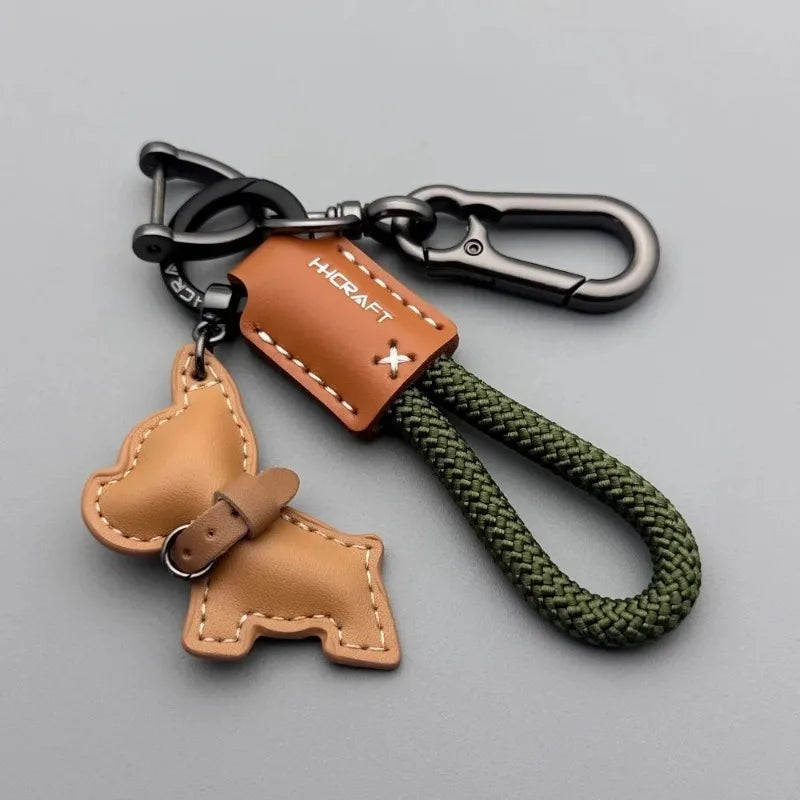Dog Keychain Leather, Braided Rope Key Chain with Anti-Loss Strap for Women Men, Car Key Organize