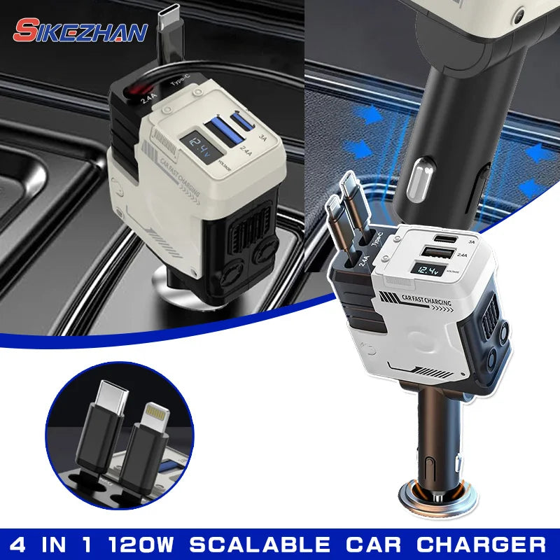 120W Scalable Car Charger,4 in 1 USB C Cable Suitable for IPhone Huawei Samsung Fast Charging Cable, Cigarette Lighter Adapter