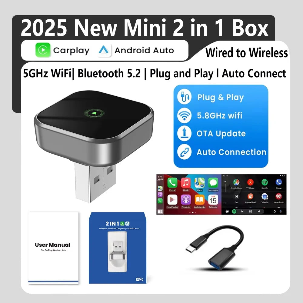 New Carplay Android Auto Auto 2 In-1 Wired To Wireless Magic Box Android Auto Car Machine Interconnect Box Plug and Playback