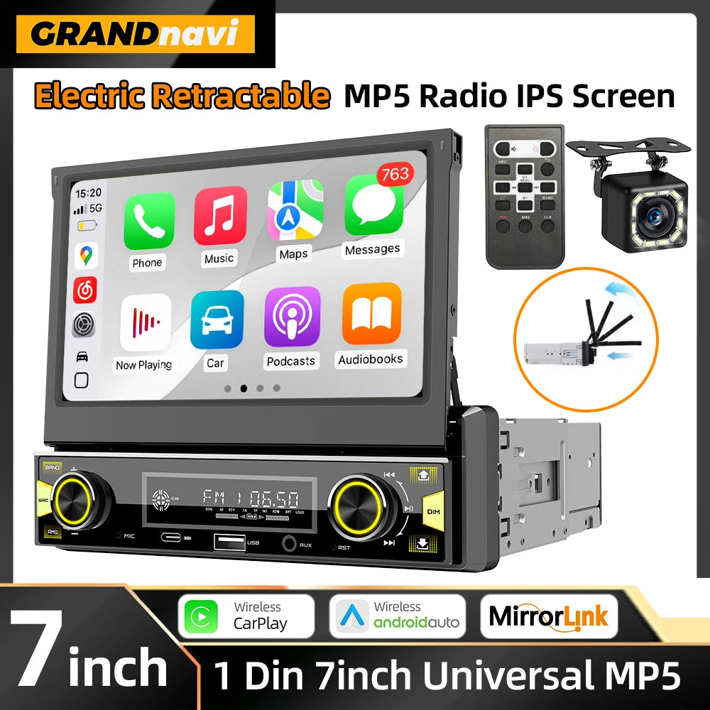 1Din 7'' MP5 Radio Player Automatic Retractable Screen Wireless Carplay Android Auto Multimedia FM AM RDS USB Type-C Car Stereo