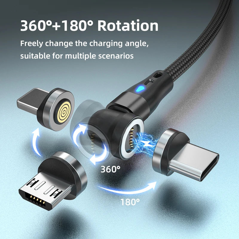 540 Rotate Magnetic Cable 3A Fast Charging Micro USB Type C Cable For iPhone 15 14 Xiaomi Samsung Data Cord with Storage Case
