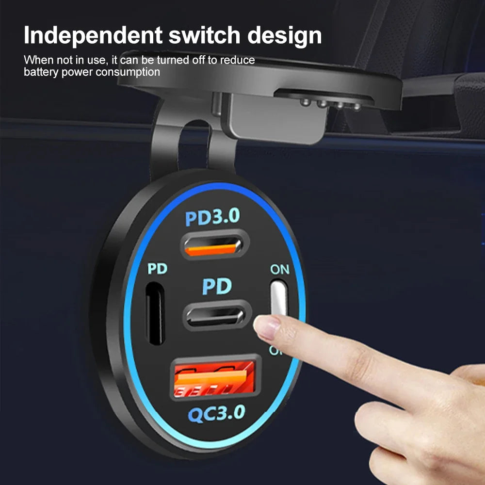 PD 3.0 QC 3.0 Car Charger Cigarette Lighter Socket Waterproof USB Fast Charge With Voltmeter Switch 12/24V Quick Charger Adapter