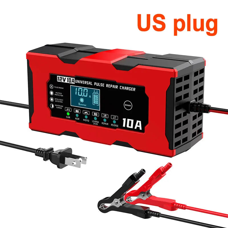 12V 10A Car Battery Charger For Lifepo4 Lead Acid AGM GEL PB Lithium Battery Car Charger Pulse Repair Smart Charger LCD Display