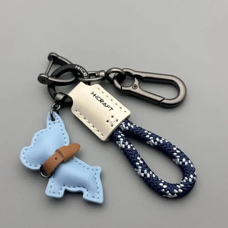 Dog Keychain Leather, Braided Rope Key Chain with Anti-Loss Strap for Women Men, Car Key Organize