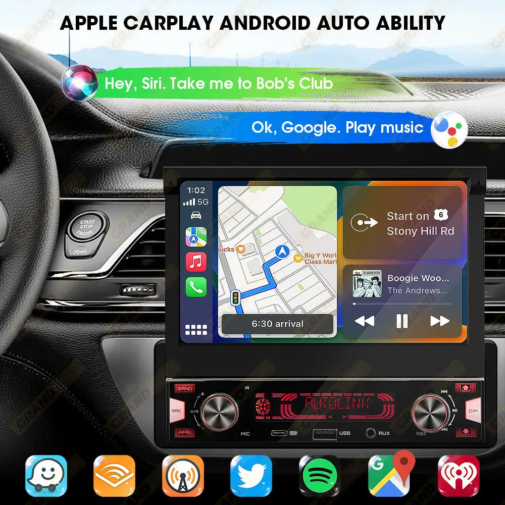 1Din 7'' MP5 Radio Player Automatic Retractable Screen Wireless Carplay Android Auto Multimedia FM AM RDS USB Type-C Car Stereo