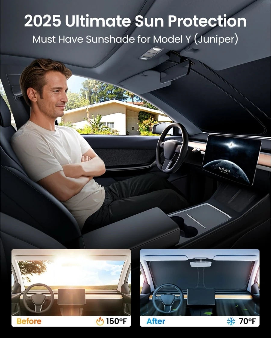 For Tesla Model Y/ Juniper 2025-2020 Upgraded Graphene Heat Insulation Front Sunshade Windshield  [Tailored Fit, 99% Sun Protect