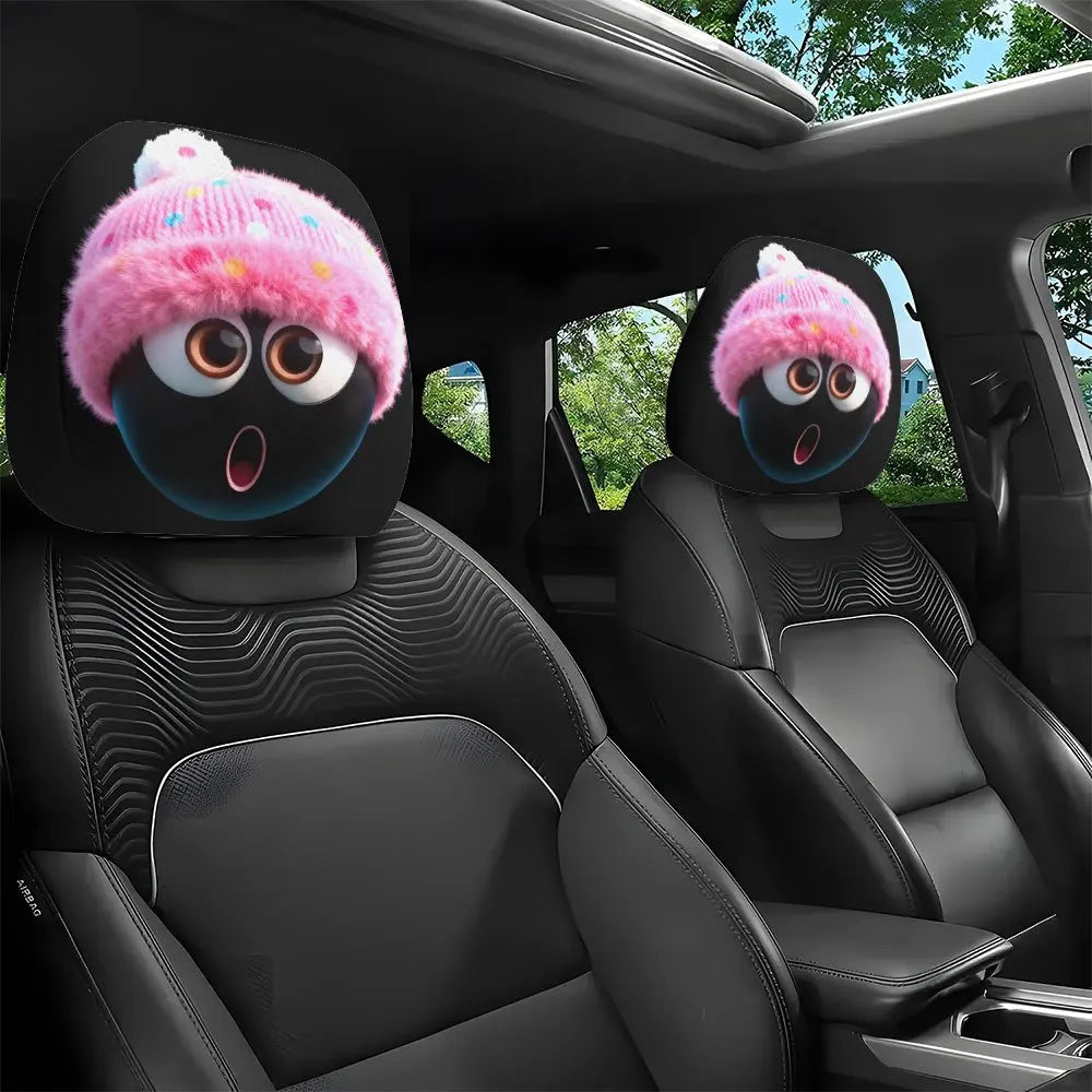 Winter limited edition surprise expression Pink plush hat General Motors headrest cover 2pcs, New Year gift, cute cartoon style
