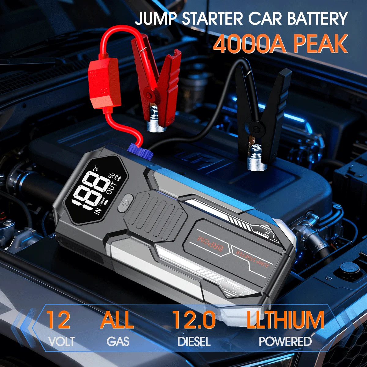 Car Jump Starter 3000A/4000A/5000A Battery Charger Emergency Power Bank Booster for 12V Gasoline and Diesel Vehicles Starting