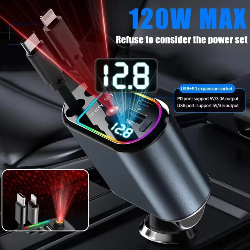 5-in-1 Car Charger PD30W+2.4A Voltage Display Super Fast Charging Retractable Cable With Roof Starlight for iPhone & Android