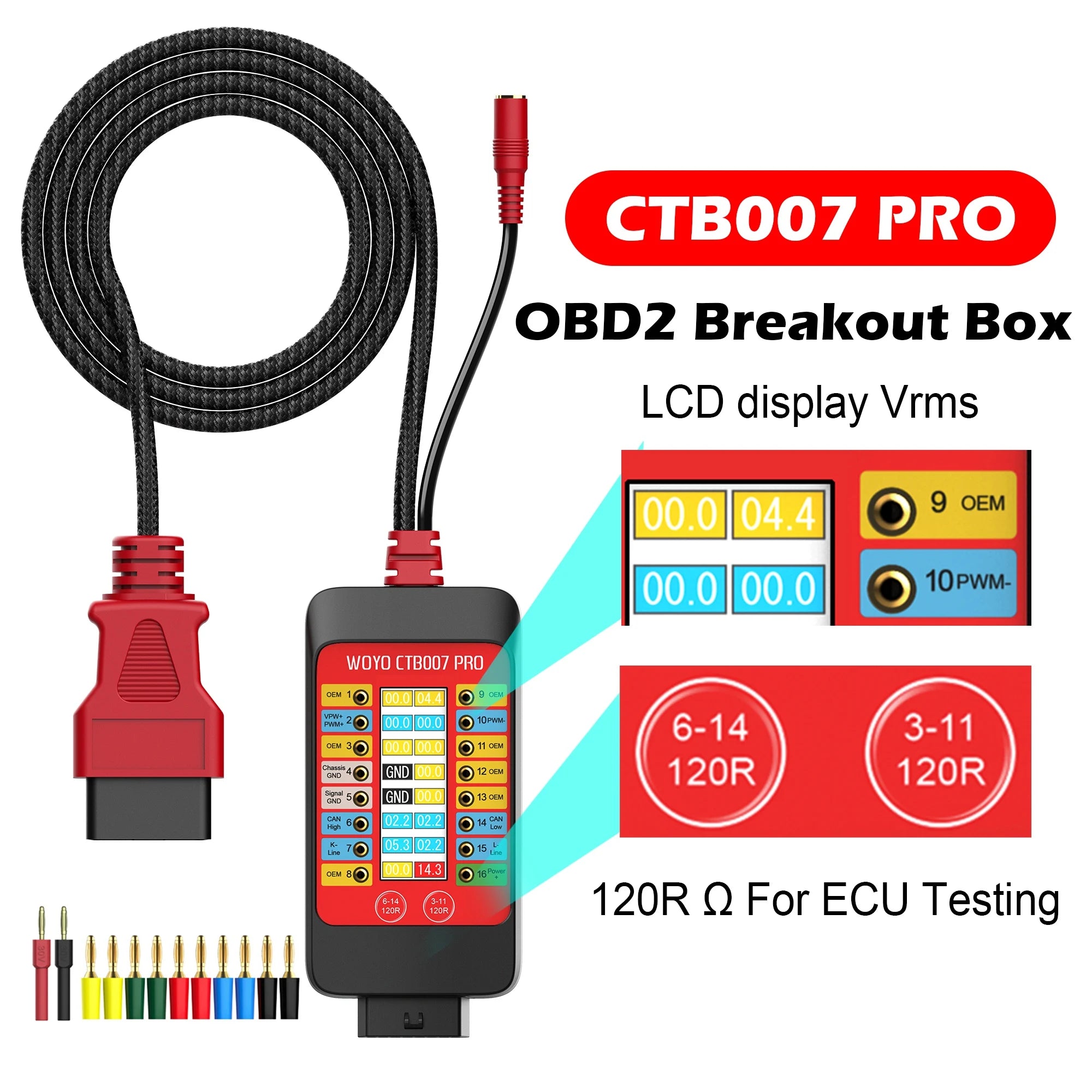 CTB007 PRO OBD2 Breakout Box with LCD Display 16PINs Vrms, ECU Testing on Bench with Built-in 120ohm Resistor, Diagnostic Tool