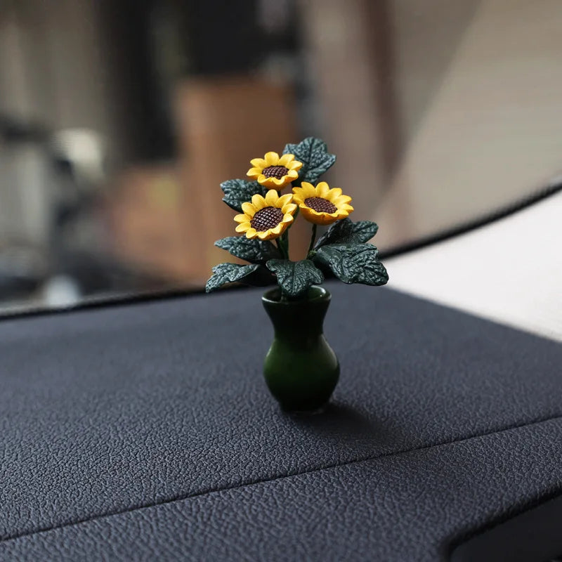 Car Interior Decoration Resin Mini Sunflower Vase Auto Center Console Rearviewi Mirror Ornaments For Car Accessories Woman Gifts