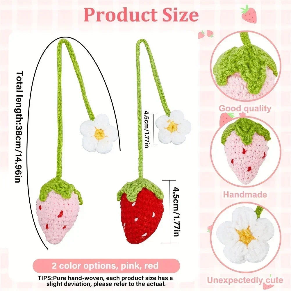 Cute Handmade Flower Knitted Pendant Strawberry Crocheted Car Decoration Rearview Pendant Bag Key Mirror Ornaments Girl Gift New