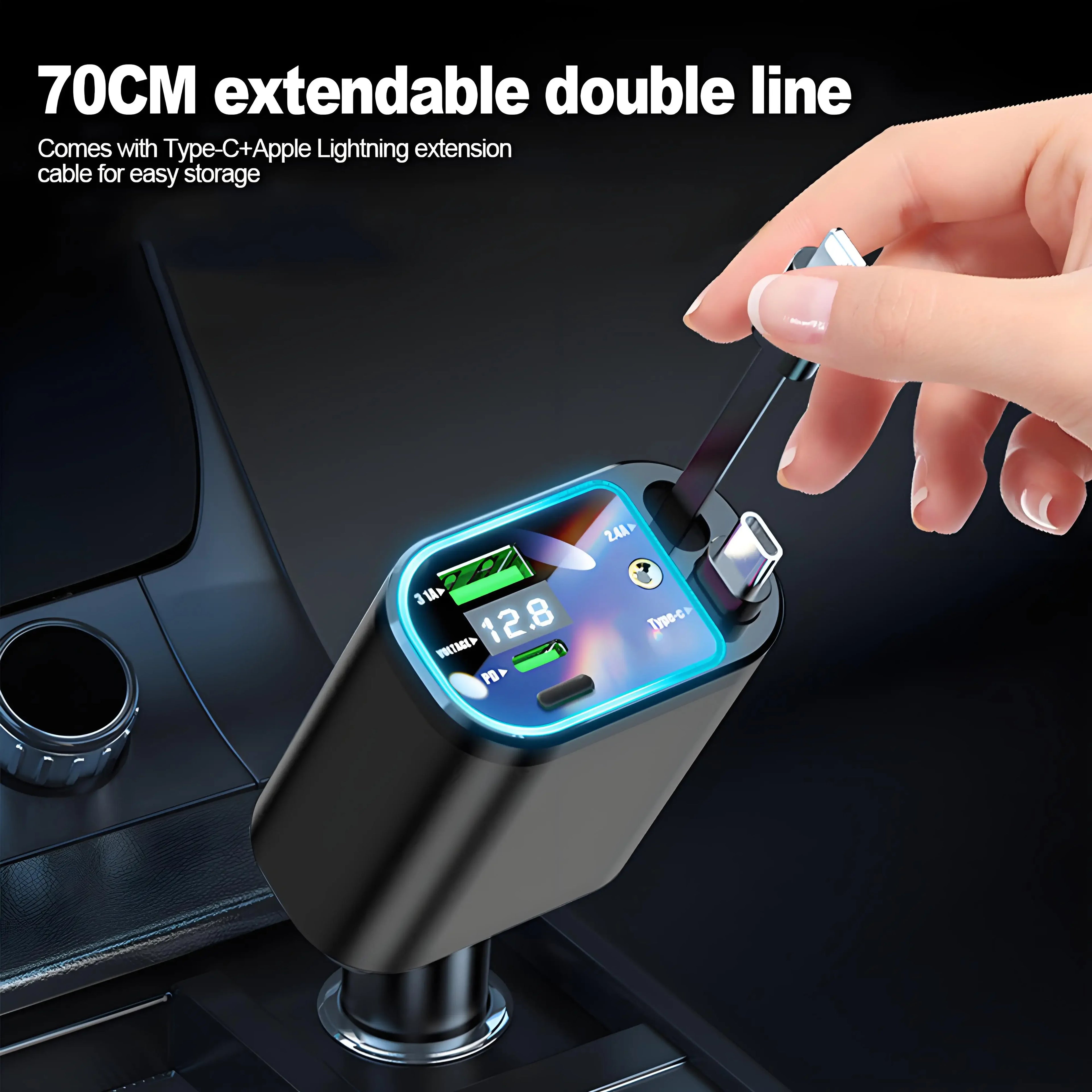 120W Retractable Car Charger with USB C Lightning Cable Starlight in Auto Roof Fast Charging for IPhone Samsung Phones