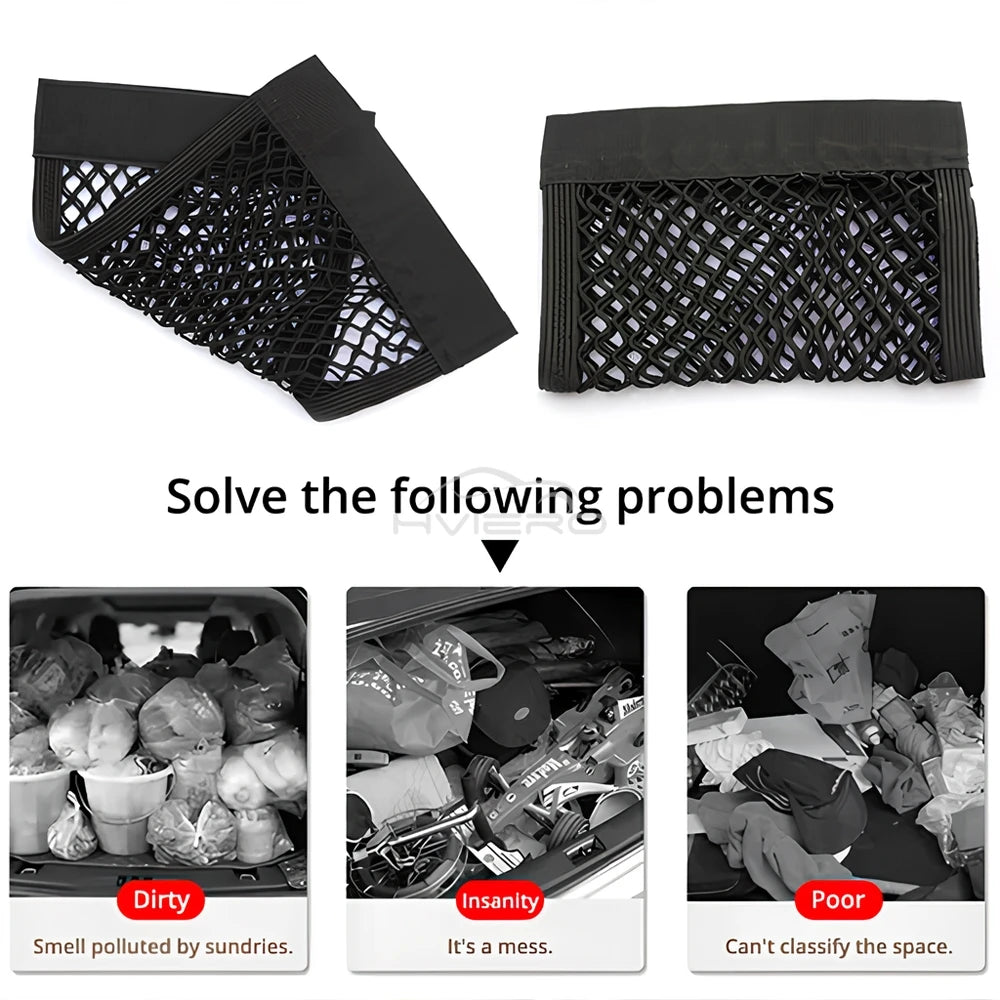 1X Car Back Rear Trunk Organizer Net Mesh Seat Elastic String Magic Sticker Universal Storage Bag Pocket Auto Put Paper Stowing