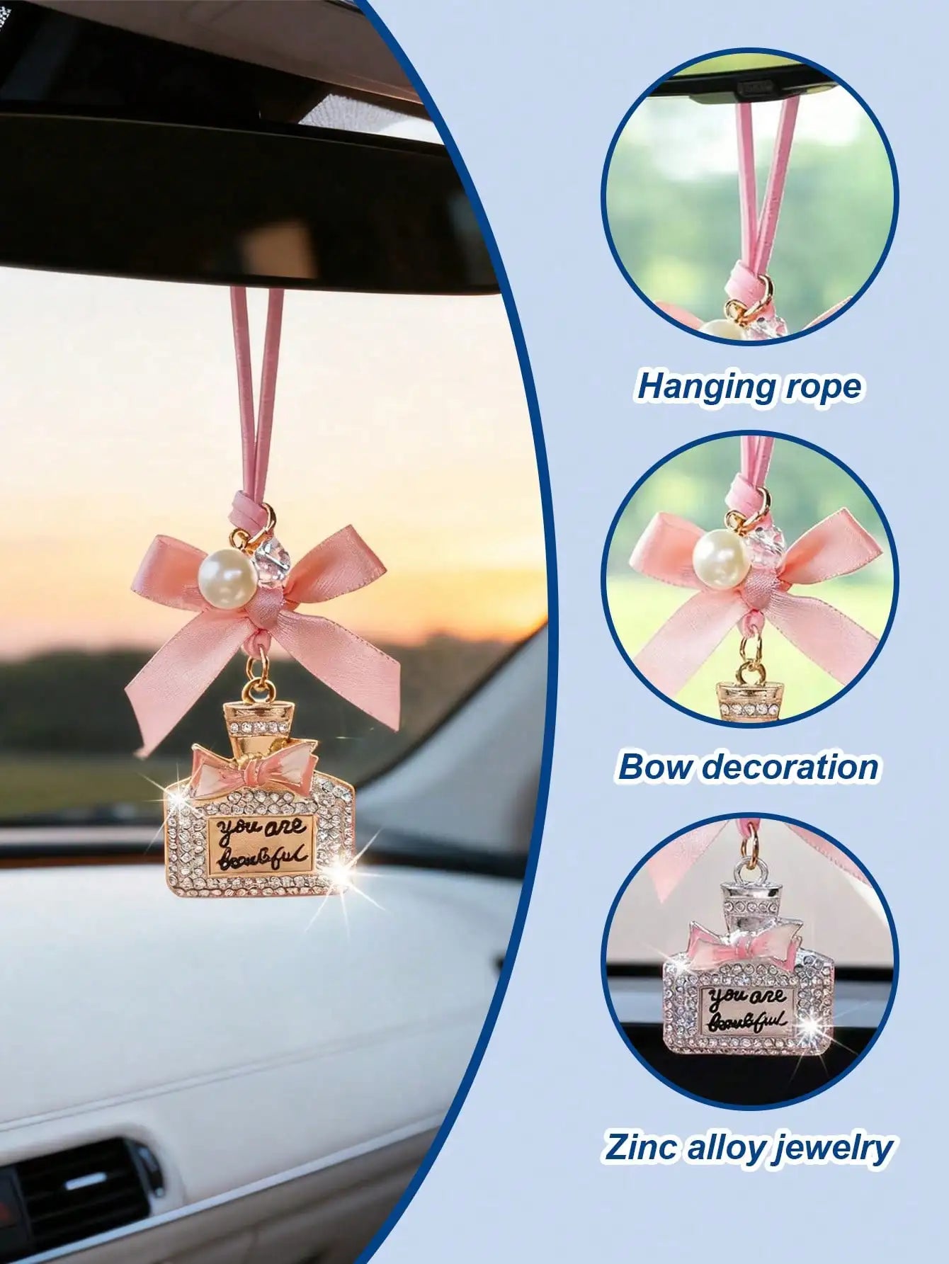 Rhinestone Alloy Perfume Bottle Car Rearview Mirror Ornament – Women’s Exclusive Interior Pendant, Car Interior Accessory