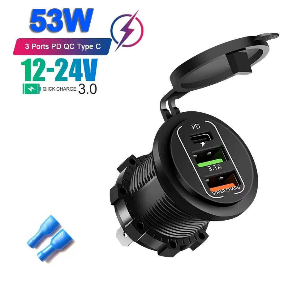 PD 3.0 QC 3.0 Car Charger Cigarette Lighter Socket Waterproof USB Fast Charge With Voltmeter Switch 12/24V Quick Charger Adapter