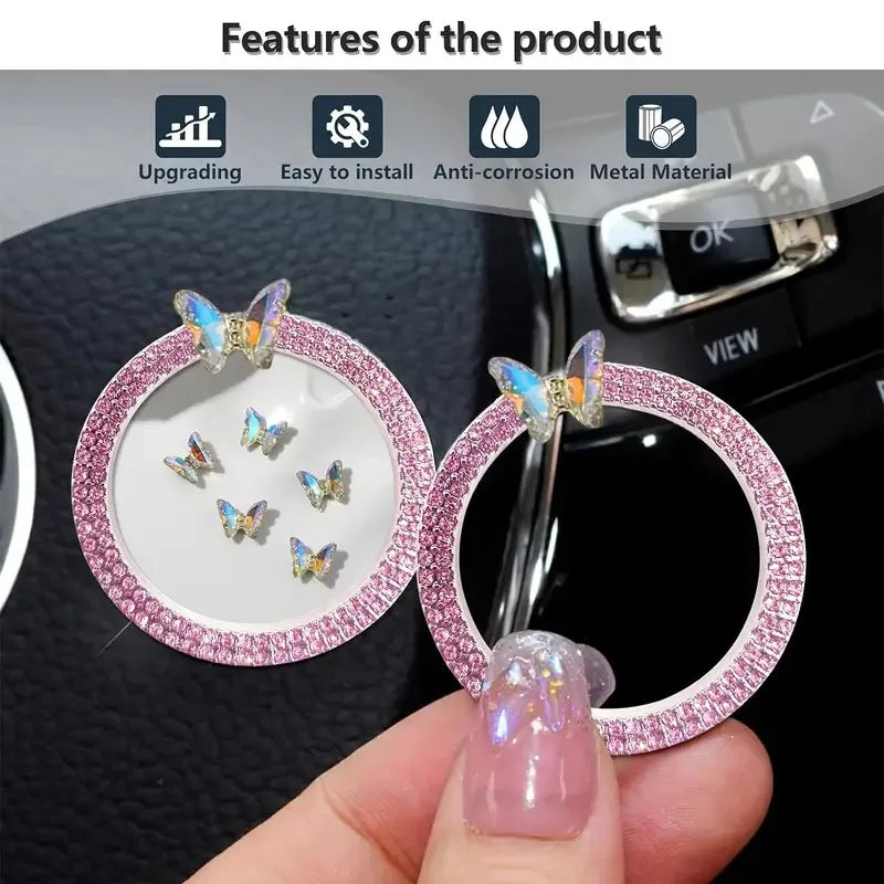 1 Pc Rhinestone Crystal Butterfly Ring Car Ignition Button Decorative Cover - Anti-Corrosion, Easy to Install, Upgraded Design