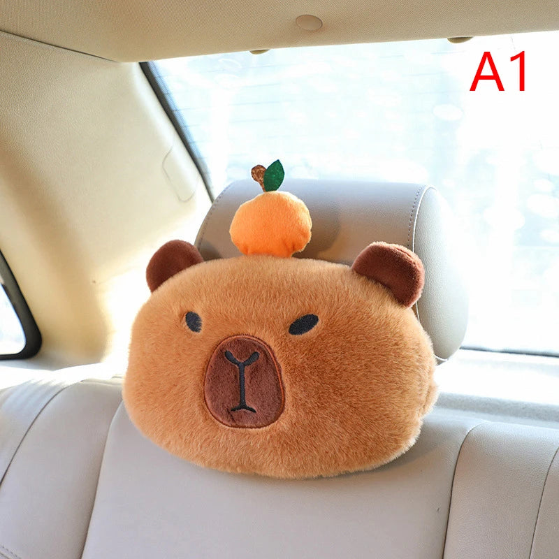 1PCar Headrest Neck Pillow Capybara Plush Shoulder Protection Cute Tissue Box Kawaii Car Decoration Of Car Supplies Plushie Gift