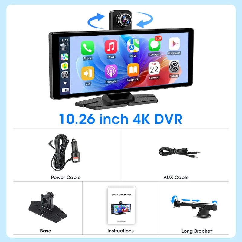 Develuck 10.26" Rotating Carplay Screen 4K Car DVR Rearview Camera Android auto Dash Cam Video Recorder GPS Navigation Dashboard