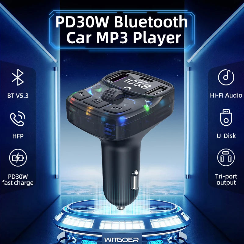 Bluetooth 5.3 MP3 Player autoradio FM Transmitter 30W PD Type C Dual USB Fast Charge Handsfree Car Audio Car Accessories