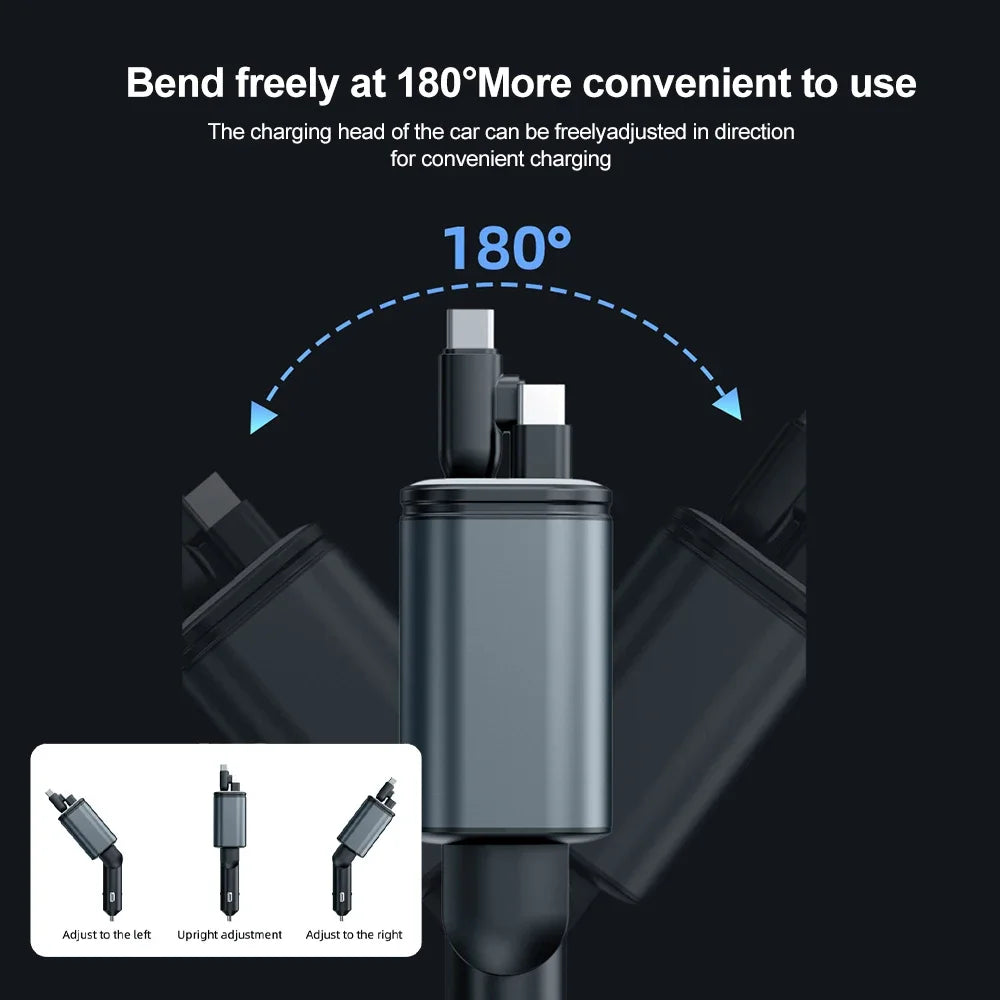 5-in-1 Car Charger PD30W+2.4A Voltage Display Super Fast Charging Retractable Cable With Roof Starlight for iPhone & Android
