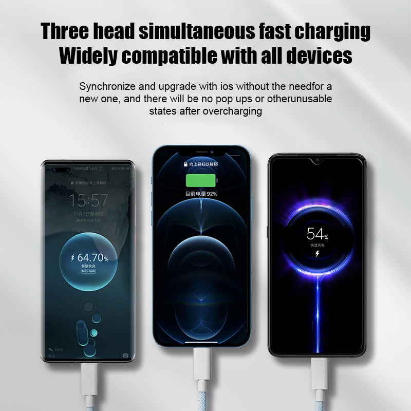 3IN1 100W 6A Car Fast Charging USB Cable For iPhone 14 13 12 11 15 17 16 Pro Max Samsung Xiaomi PD Cable Tablet Type C Data Cord