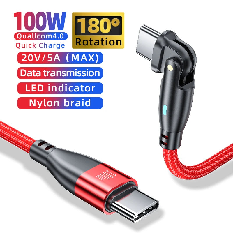 100W 60W USB C To USB Type C Cable for Samsung Huawei Xiaomi 5A Fast Charging Wire 180 Degree Rotate USB C Charger Data Cord