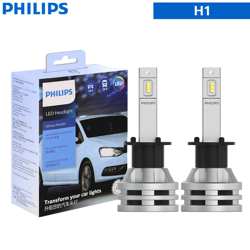Philips LED H1 H3 H4 H7 H11 Ultinon Pro3101 12V/24V 6000K Bright White HB3 9005 HB4 9006 HIR2 9012 Auto Headlight LED Lamps, 2x
