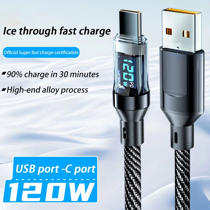 120W Ultra Fast Charge Type C USB Cable LED Digital Display Quick Charging Data Cord For iPhone Samsung Redmi Huawei 2026 New
