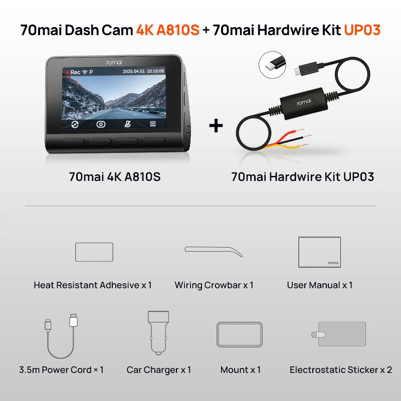 New 70mai Dash Cam A810S 4K HDR GPS ADAS Auto Record Dual-Channel Motion Detection 4G LTE Support Car DVR 70mai A810S 70mai A810