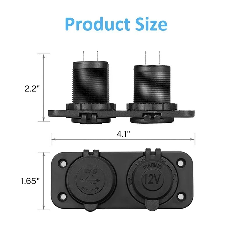 12V/24V Dual USB Socket Panel QC3.0 Car Charger Socket Adapter Outlet Cigarette Lighter Adapter for Car Boat RV Motorcycle