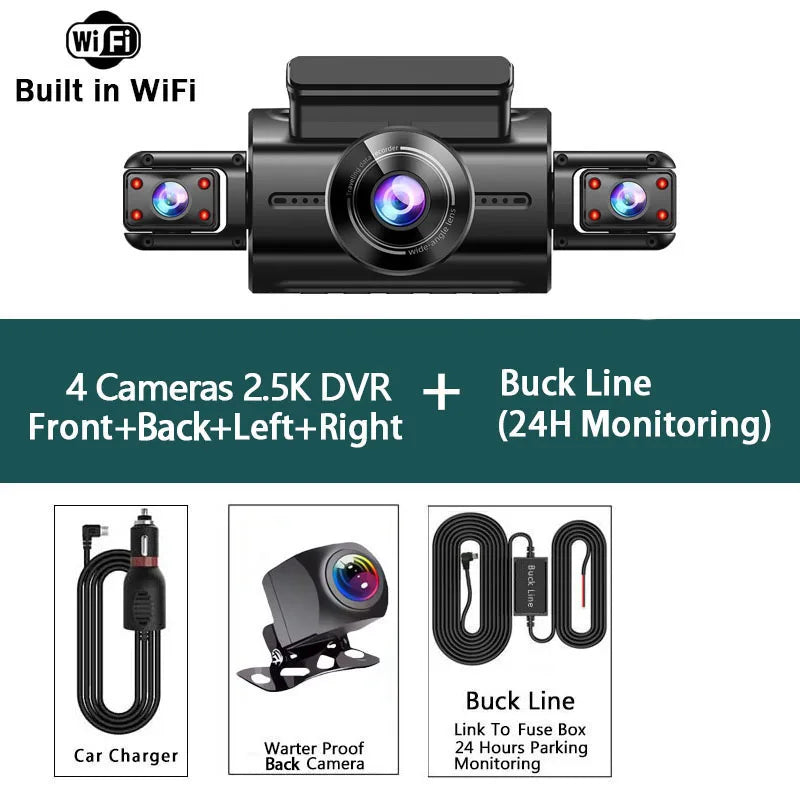 2.5K 2560P 4 Channel Full HD Car DVR Wifi Dash Cam 4 Cameras Dashcam Video Recorder Night Vision Black Box Cabin 24H Parking