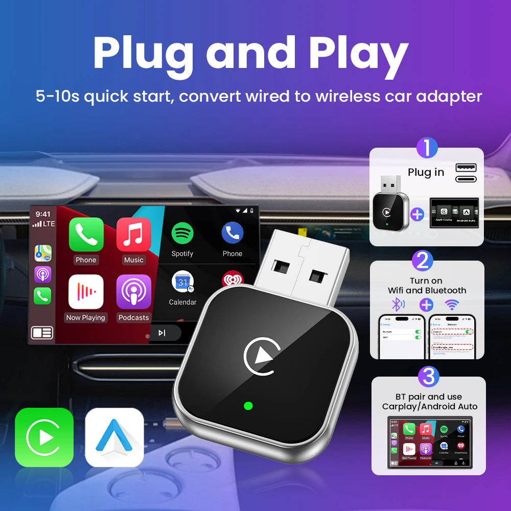 NEW 2in1 Wireless CarPlay Android Auto Adapter Smart Dongle Plug And Play For Skoda Yeti Fabia Octavia Rapid Superb Karoq Scala