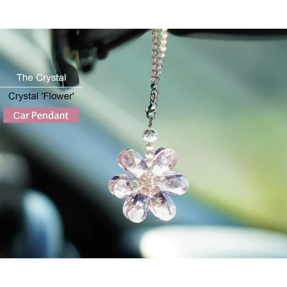 Crystal Flower Car Rear View Mirror Pendant - Pink Crystal Beads Charm Decor for Women Interior