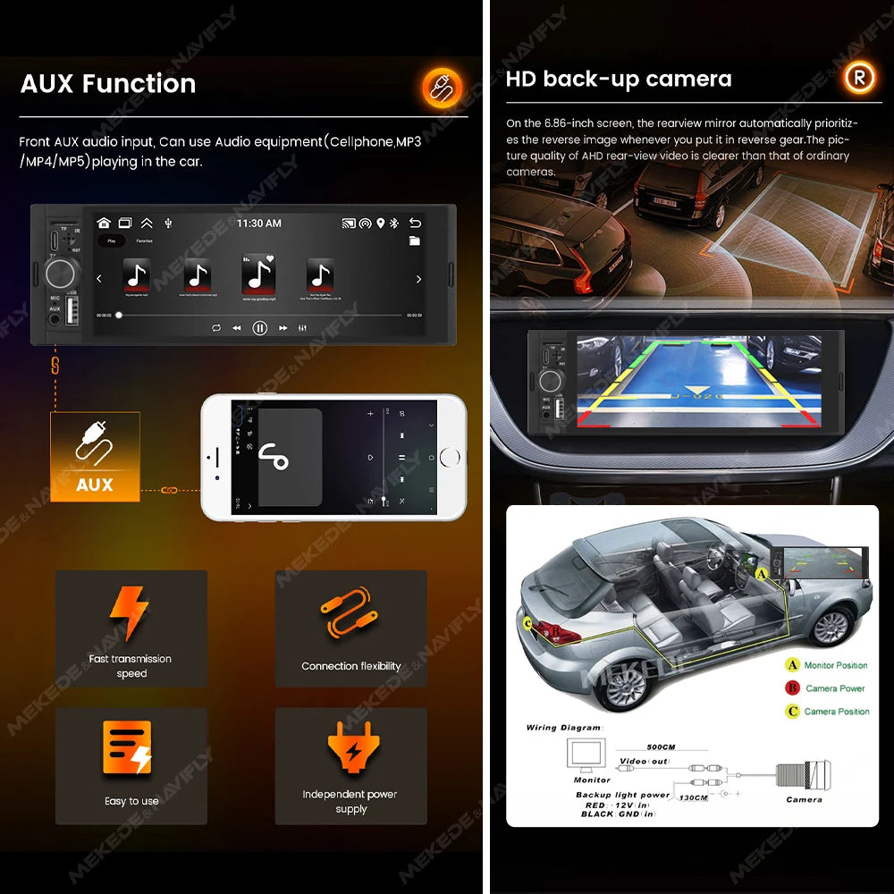 Navifly 2G+32G Universal 1 Din Android 6.86 Inch HD Touch Screen Wireless CarPlay Auto Car Radio Multimedia Video Player GPS FM