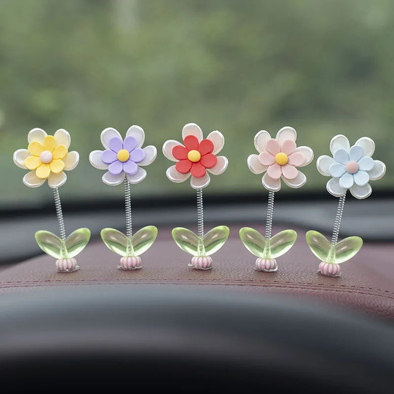 5Pcs/Set Swinging Flower Car Dashboard Center Console Cartoon Chrysanthemum Pendant Car Interior DIY Decoration Accessories