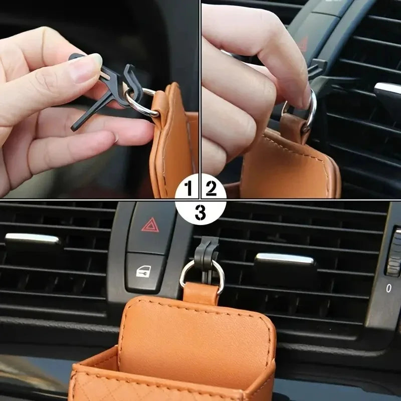 Universal Car Air Outlet Hanging Storage Box Air Vent Dashboard Tidy Hanging Leather Organizer Box Phone Holder Car Accessorie