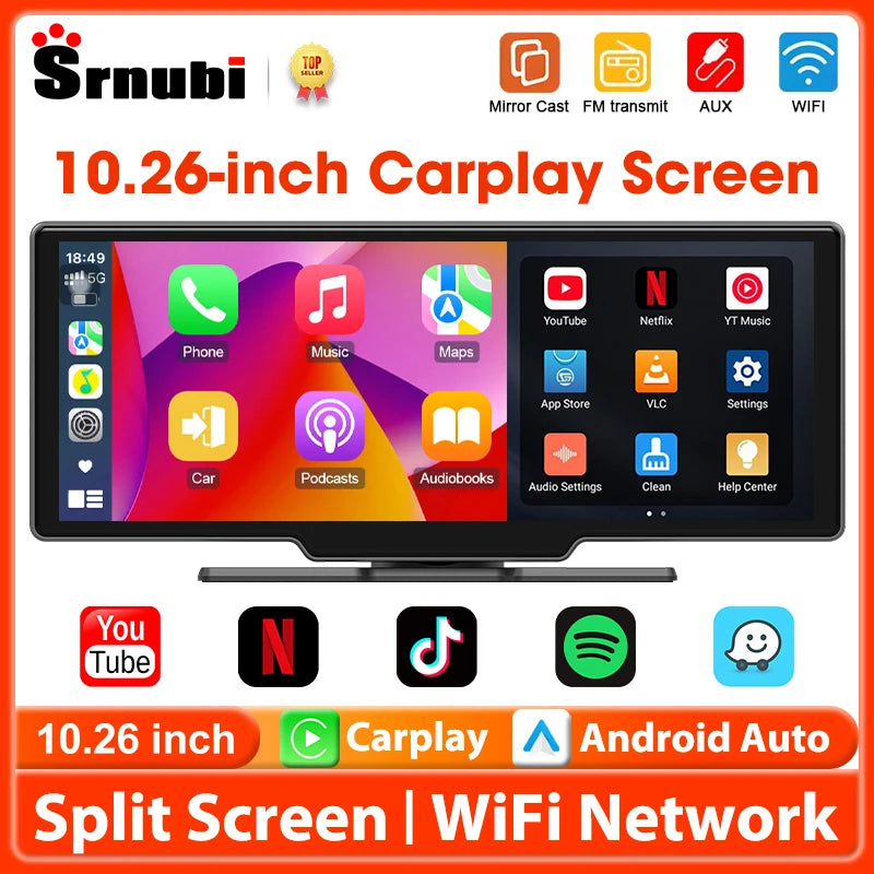 Srnubi 10.26" Car Play Screen Android WIFI Car Multimedia Player Wireless Carplay Android Auto Car Screen for YouTube Netflix
