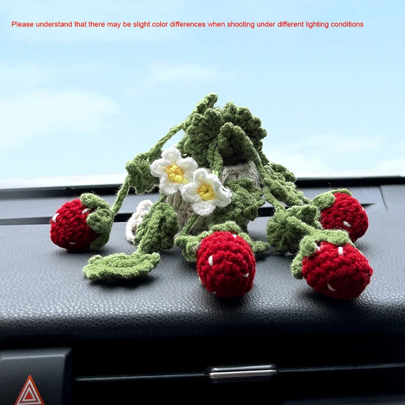 New Car Strawberry Hanging Crochet Basket Interior Decoration Car Ornament Rear View Mirror Hanging Accessories High Quality