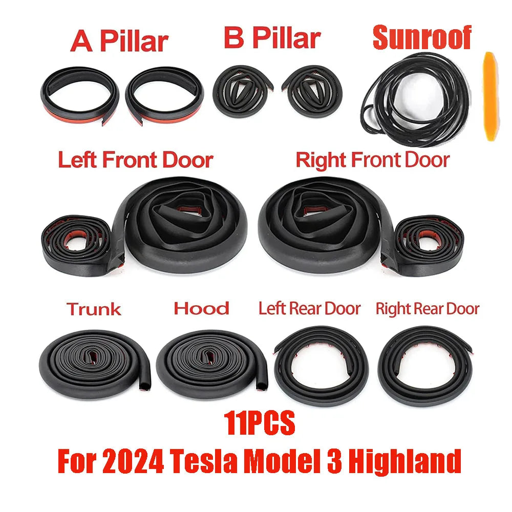 For Tesla Model 3 Highland,,Door Seal Strip Kit Rubber Noise Insulation Weather strip Trunk Hood Sunroof  AB Pillar Trim Sealing